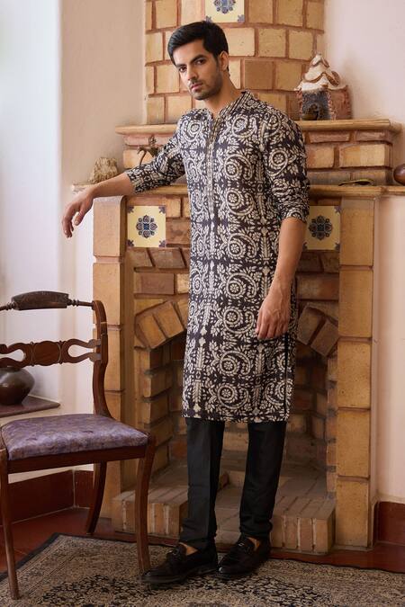 Shop_Ankit V Kapoor_Black Cotton Embroidery Huzur Inlay Floral Print Kurta And Churidar Set_Online_at_Aza_Fashions