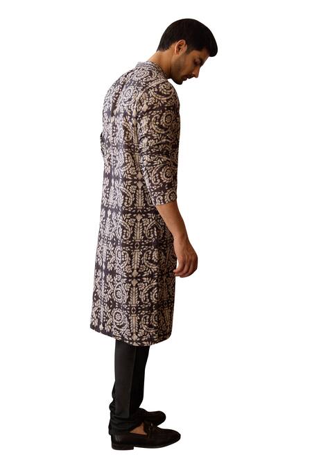 Ankit V Kapoor_Black Cotton Embroidery Huzur Inlay Floral Print Kurta And Churidar Set_at_Aza_Fashions