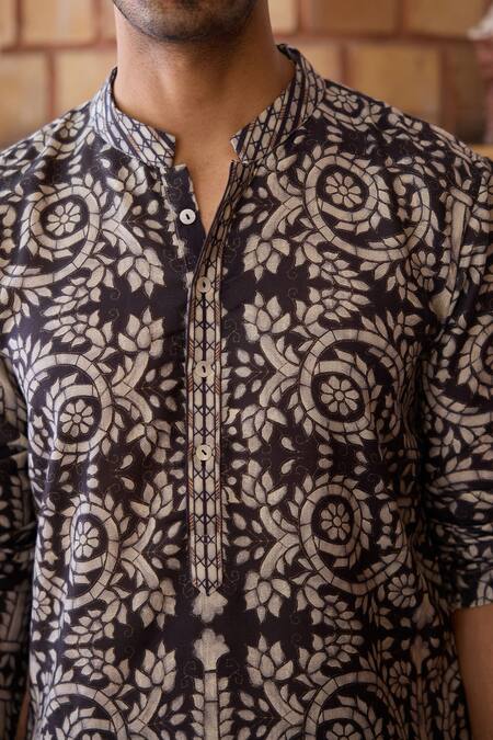 Buy_Ankit V Kapoor_Black Cotton Embroidery Huzur Inlay Floral Print Kurta And Churidar Set