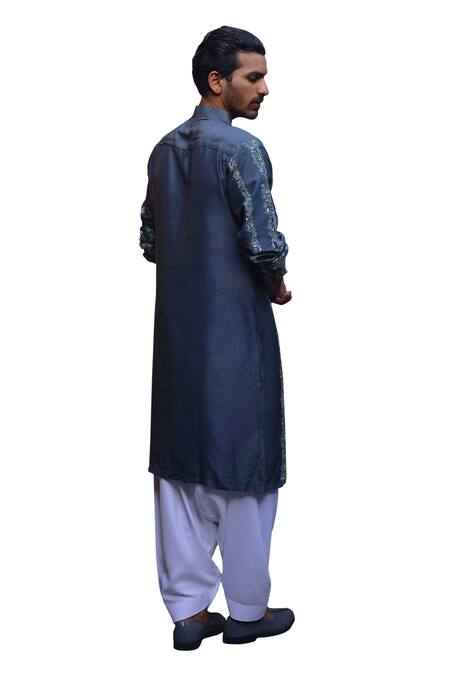 Buy_Ankit V Kapoor_Grey Silk, Cotton Sequins, Embroidery Jaisalmer Thread Kurta And Pant Set _Online_at_Aza_Fashions
