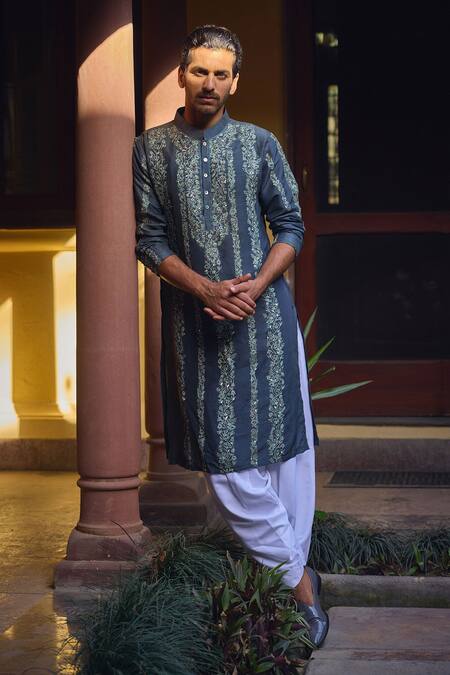 Shop_Ankit V Kapoor_Grey Silk, Cotton Sequins, Embroidery Jaisalmer Thread Kurta And Pant Set _Online_at_Aza_Fashions