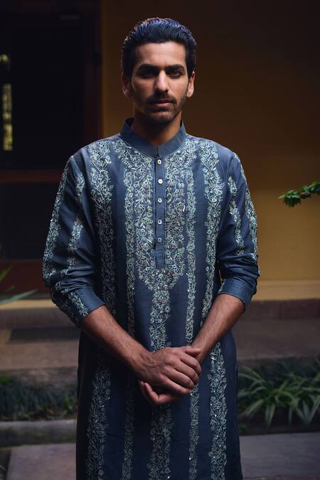 Ankit V Kapoor_Grey Silk, Cotton Sequins, Embroidery Jaisalmer Thread Kurta And Pant Set _at_Aza_Fashions