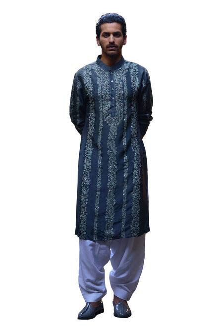 Buy_Ankit V Kapoor_Grey Silk, Cotton Sequins, Embroidery Jaisalmer Thread Kurta And Pant Set 