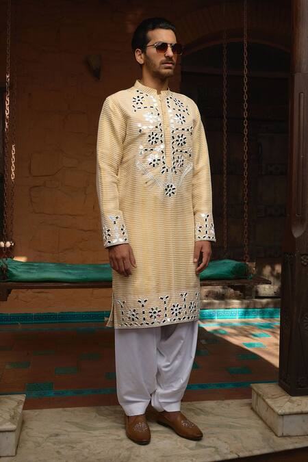 Shop_Ankit V Kapoor_Off White Silk, Chanderi, Cotton Mirrors Juna Mahal Work Kurta And Salwar Set _Online_at_Aza_Fashions