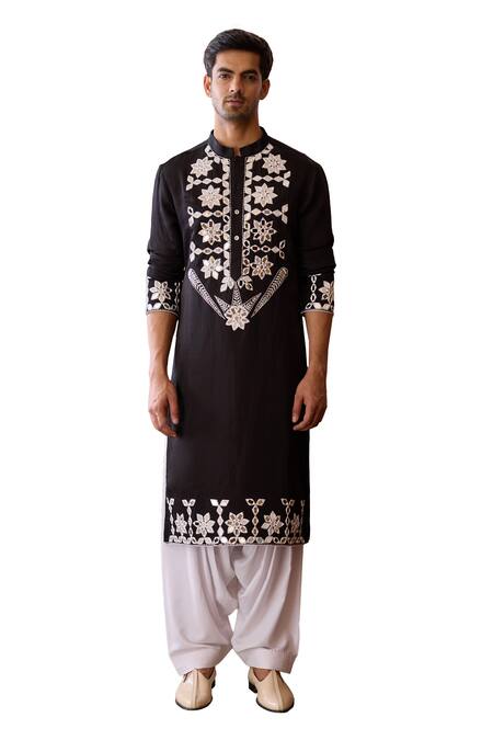 Ankit V Kapoor_Black Silk, Cotton Mirrors Juna Work Kurta And Salwar Set _Online_at_Aza_Fashions