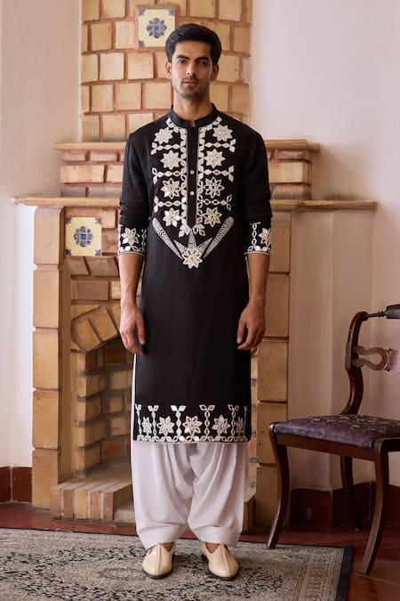 Shop_Ankit V Kapoor_Black Silk, Cotton Mirrors Juna Work Kurta And Salwar Set _Online_at_Aza_Fashions