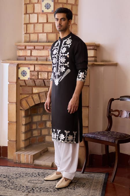 Ankit V Kapoor_Black Silk, Cotton Mirrors Juna Work Kurta And Salwar Set _at_Aza_Fashions