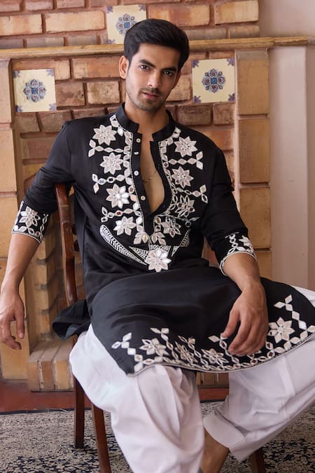 Shop_Ankit V Kapoor_Black Silk, Cotton Mirrors Juna Work Kurta And Salwar Set 
