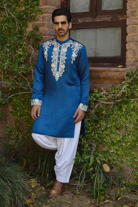 Ankit V Kapoor Blue Viscose Silk Linen Embroidered Thread Kapurthala Kurta And Salwar Set