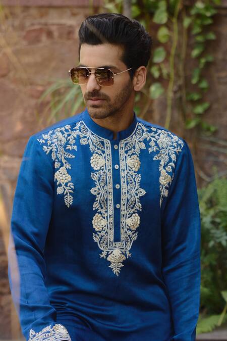 Buy_Ankit V Kapoor_Blue Viscose, Silk, Linen, Cotton Kapurthala Thread Kurta And Salwar Set _Online_at_Aza_Fashions
