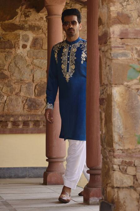 Shop_Ankit V Kapoor_Blue Viscose, Silk, Linen, Cotton Kapurthala Thread Kurta And Salwar Set _Online_at_Aza_Fashions