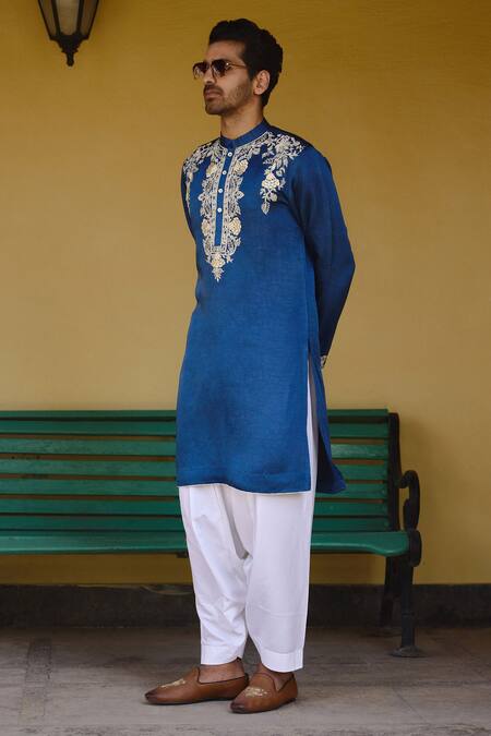 Buy_Ankit V Kapoor_Blue Viscose, Silk, Linen, Cotton Kapurthala Thread Kurta And Salwar Set 