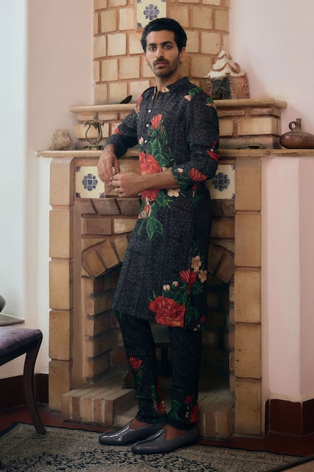 Ankit V Kapoor_Black Cotton, Silk, Brocade Embroidery Raas Rose Print Kurta And Churidar Set_Online_at_Aza_Fashions