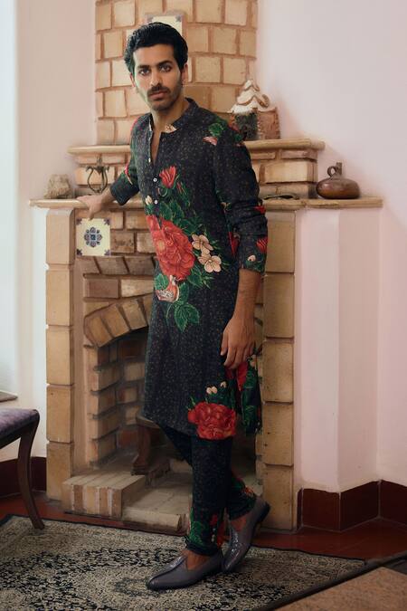 Buy_Ankit V Kapoor_Black Cotton, Silk, Brocade Embroidery Raas Rose Print Kurta And Churidar Set_Online_at_Aza_Fashions
