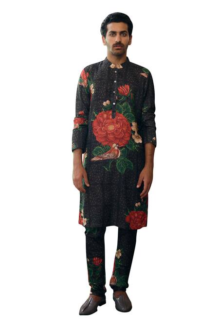 Shop_Ankit V Kapoor_Black Cotton, Silk, Brocade Embroidery Raas Rose Print Kurta And Churidar Set_Online_at_Aza_Fashions