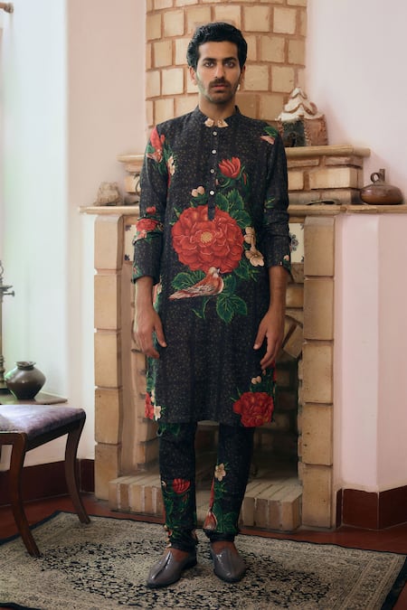 Ankit V Kapoor_Black Cotton, Silk, Brocade Embroidery Raas Rose Print Kurta And Churidar Set_at_Aza_Fashions