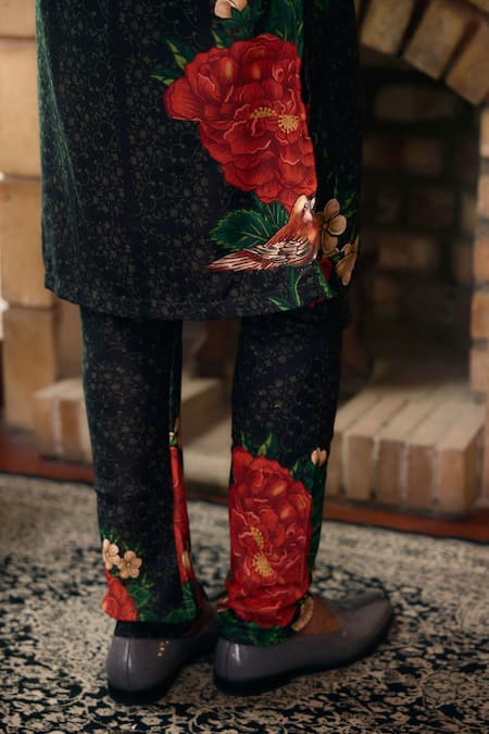 Buy_Ankit V Kapoor_Black Cotton, Silk, Brocade Embroidery Raas Rose Print Kurta And Churidar Set