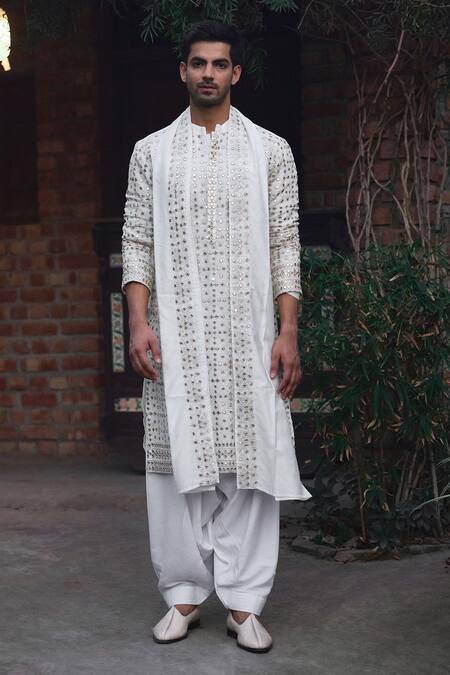 Buy_Ankit V Kapoor_Ivory Georgette, Cotton, Viscose Mirrors, Rahat And Thread Kurta Salwar Set _Online_at_Aza_Fashions