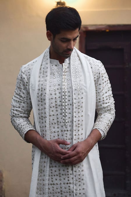 Ankit V Kapoor_Ivory Georgette, Cotton, Viscose Mirrors, Rahat And Thread Kurta Salwar Set _at_Aza_Fashions