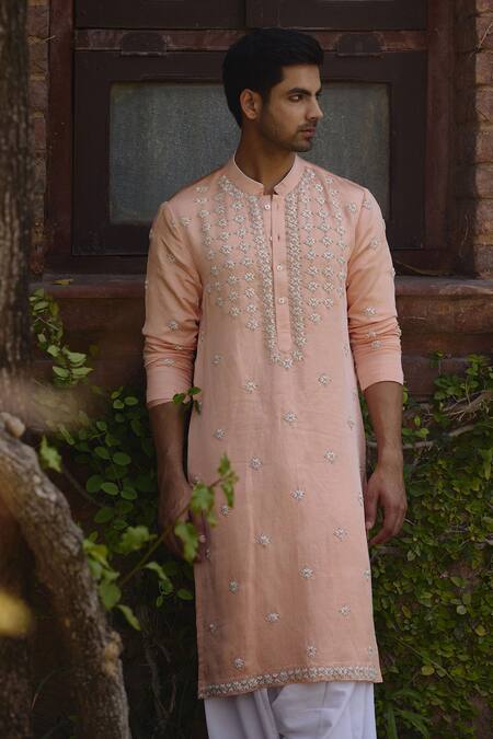 Shop_Ankit V Kapoor_Peach Viscose, Silk, Linen, Cotton Embroidery Rambagh Kurta And Salwar Set _Online_at_Aza_Fashions