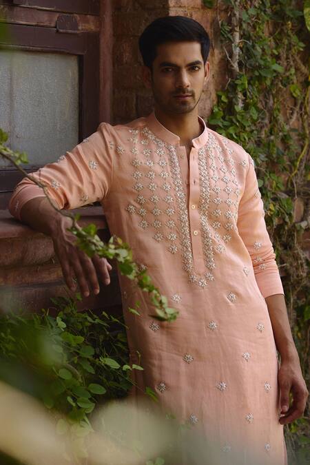 Ankit V Kapoor_Peach Viscose, Silk, Linen, Cotton Embroidery Rambagh Kurta And Salwar Set _at_Aza_Fashions
