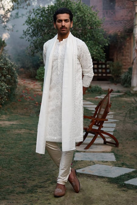 Ankit V Kapoor_Ivory Viscose, Cotton, Silk, Georgette Ranbir And Thread Kurta Salwar Set _Online_at_Aza_Fashions