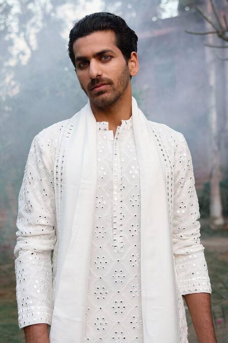 Shop_Ankit V Kapoor_Ivory Viscose, Cotton, Silk, Georgette Ranbir And Thread Kurta Salwar Set _Online_at_Aza_Fashions