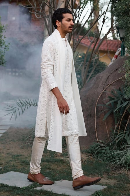 Ankit V Kapoor_Ivory Viscose, Cotton, Silk, Georgette Ranbir And Thread Kurta Salwar Set _at_Aza_Fashions