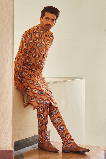 Ankit V Kapoor Yellow Cotton, Bamboo Ujjayanta Mughal Garden Print Kurta And Churidar Set Online at Aza Fashions Ankit V Kapoor_Yellow Cotton, Bamboo Ujjayanta Mughal Garden Print Kurta And Churidar Set_Online_at_Aza_Fashions