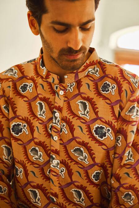 Shop Ankit V Kapoor Yellow Cotton, Bamboo Ujjayanta Mughal Garden Print Kurta And Churidar Set Online at Aza Fashions Shop_Ankit V Kapoor_Yellow Cotton, Bamboo Ujjayanta Mughal Garden Print Kurta And Churidar Set_Online_at_Aza_Fashions