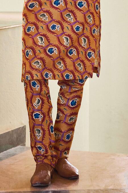 Ankit V Kapoor Yellow Cotton, Bamboo Ujjayanta Mughal Garden Print Kurta And Churidar Set at Aza Fashions Ankit V Kapoor_Yellow Cotton, Bamboo Ujjayanta Mughal Garden Print Kurta And Churidar Set_at_Aza_Fashions