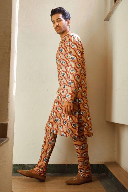 Buy Ankit V Kapoor Yellow Cotton, Bamboo Ujjayanta Mughal Garden Print Kurta And Churidar Set Buy_Ankit V Kapoor_Yellow Cotton, Bamboo Ujjayanta Mughal Garden Print Kurta And Churidar Set