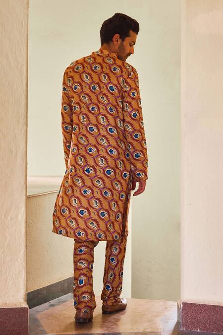 Shop Ankit V Kapoor Yellow Cotton, Bamboo Ujjayanta Mughal Garden Print Kurta And Churidar Set at Aza Fashions Shop_Ankit V Kapoor_Yellow Cotton, Bamboo Ujjayanta Mughal Garden Print Kurta And Churidar Set_at_Aza_Fashions