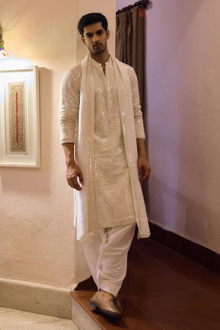 Ankit V Kapoor Ivory Viscose Cotton Silk Embroidered Thread Umaid Kurta Salwar Set