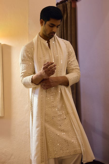Ankit V Kapoor Ivory Georgette, Cotton, Viscose Sequins, Umaid Thread Kurta Salwar Set at Aza Fashions Ankit V Kapoor_Ivory Georgette, Cotton, Viscose Sequins, Umaid Thread Kurta Salwar Set _at_Aza_Fashions