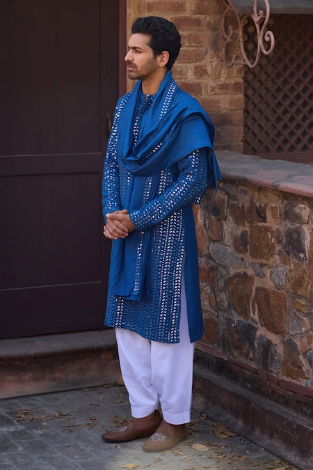 Ankit V Kapoor Blue Viscose Cotton Silk Embroidered Mirror Umaid Kurta Salwar Set
