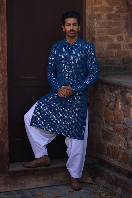 Buy Ankit V Kapoor Blue Georgette, Viscose, Cotton Mirrors Umaid Embroidered Kurta Salwar Set Online at Aza Fashions Buy_Ankit V Kapoor_Blue Georgette, Viscose, Cotton Mirrors Umaid Embroidered Kurta Salwar Set _Online_at_Aza_Fashions