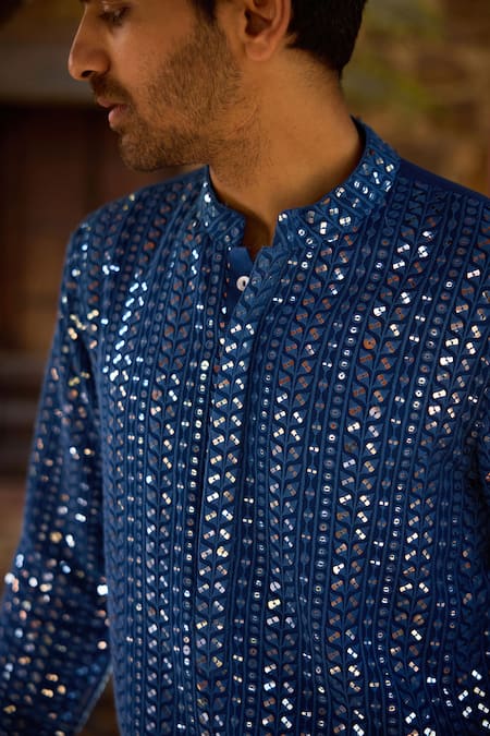 Shop Ankit V Kapoor Blue Georgette, Viscose, Cotton Mirrors Umaid Embroidered Kurta Salwar Set Online at Aza Fashions Shop_Ankit V Kapoor_Blue Georgette, Viscose, Cotton Mirrors Umaid Embroidered Kurta Salwar Set _Online_at_Aza_Fashions