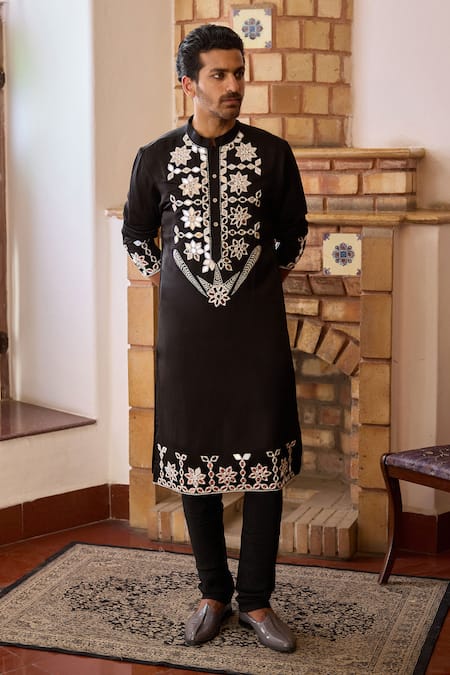 Ankit V Kapoor Black Viscose Silk Linen Embroidered Mirror Juna Kurta And Churidar Set