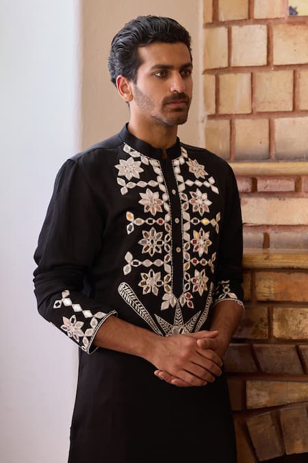 Ankit V Kapoor_Black Viscose, Silk, Cotton Mirrors Juna Embroidered Kurta And Churidar Set _Online_at_Aza_Fashions