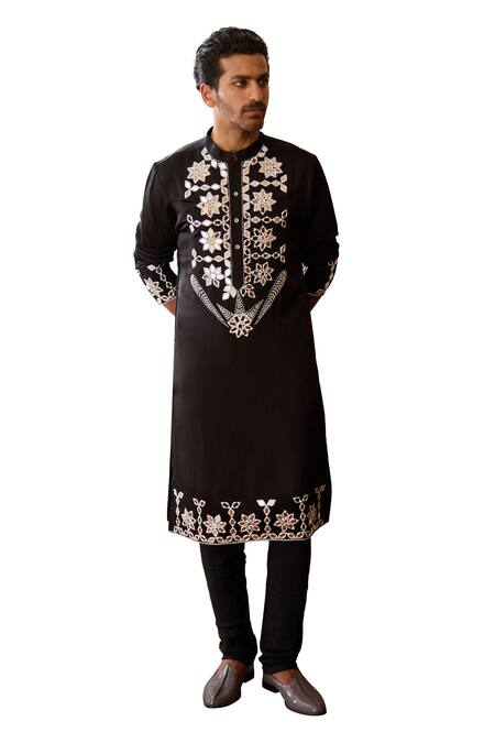 Buy_Ankit V Kapoor_Black Viscose, Silk, Cotton Mirrors Juna Embroidered Kurta And Churidar Set _Online_at_Aza_Fashions