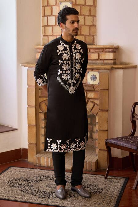Shop_Ankit V Kapoor_Black Viscose, Silk, Cotton Mirrors Juna Embroidered Kurta And Churidar Set _Online_at_Aza_Fashions