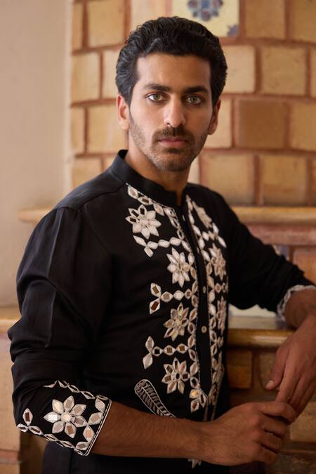 Shop_Ankit V Kapoor_Black Viscose, Silk, Cotton Mirrors Juna Embroidered Kurta And Churidar Set 