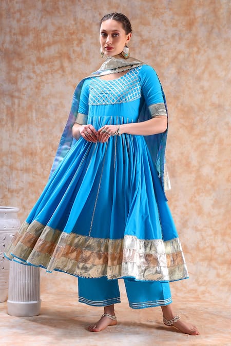 POMCHA JAIPUR Blue Anarkali And Pant Cotton Embellished Gota Round Set 