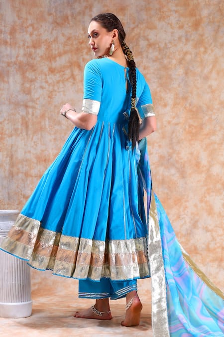 Shop_Pomcha Jaipur_Blue Cotton, Organza Gota Patti Round Neck Embellished Anarkali Set _at_Aza_Fashions