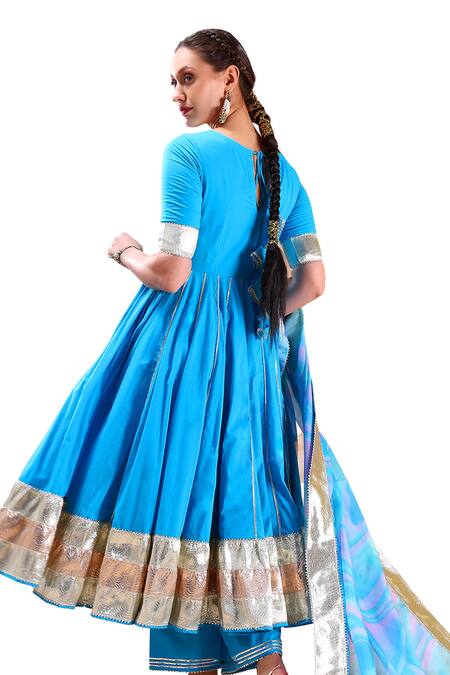 Pomcha Jaipur Blue Cotton, Organza Gota Patti Round Neck Embellished Anarkali Set Online at Aza Fashions Pomcha Jaipur_Blue Cotton, Organza Gota Patti Round Neck Embellished Anarkali Set _Online_at_Aza_Fashions