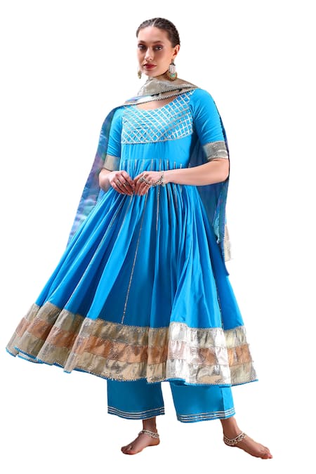 Buy Pomcha Jaipur Blue Cotton, Organza Gota Patti Round Neck Embellished Anarkali Set Online at Aza Fashions Buy_Pomcha Jaipur_Blue Cotton, Organza Gota Patti Round Neck Embellished Anarkali Set _Online_at_Aza_Fashions