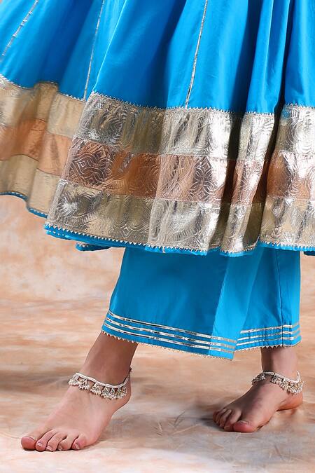 Shop Pomcha Jaipur Blue Cotton, Organza Gota Patti Round Neck Embellished Anarkali Set Online at Aza Fashions Shop_Pomcha Jaipur_Blue Cotton, Organza Gota Patti Round Neck Embellished Anarkali Set _Online_at_Aza_Fashions