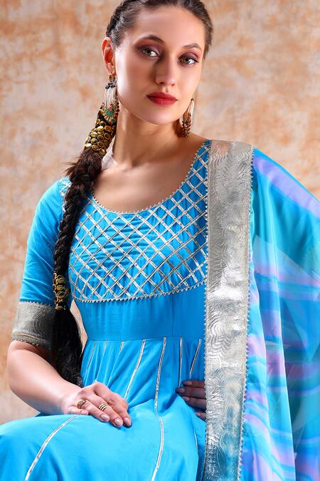 Pomcha Jaipur_Blue Cotton, Organza Gota Patti Round Neck Embellished Anarkali Set _at_Aza_Fashions
