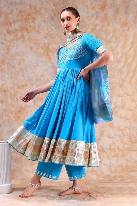 Shop Pomcha Jaipur Blue Cotton, Organza Gota Patti Round Neck Embellished Anarkali Set Shop_Pomcha Jaipur_Blue Cotton, Organza Gota Patti Round Neck Embellished Anarkali Set